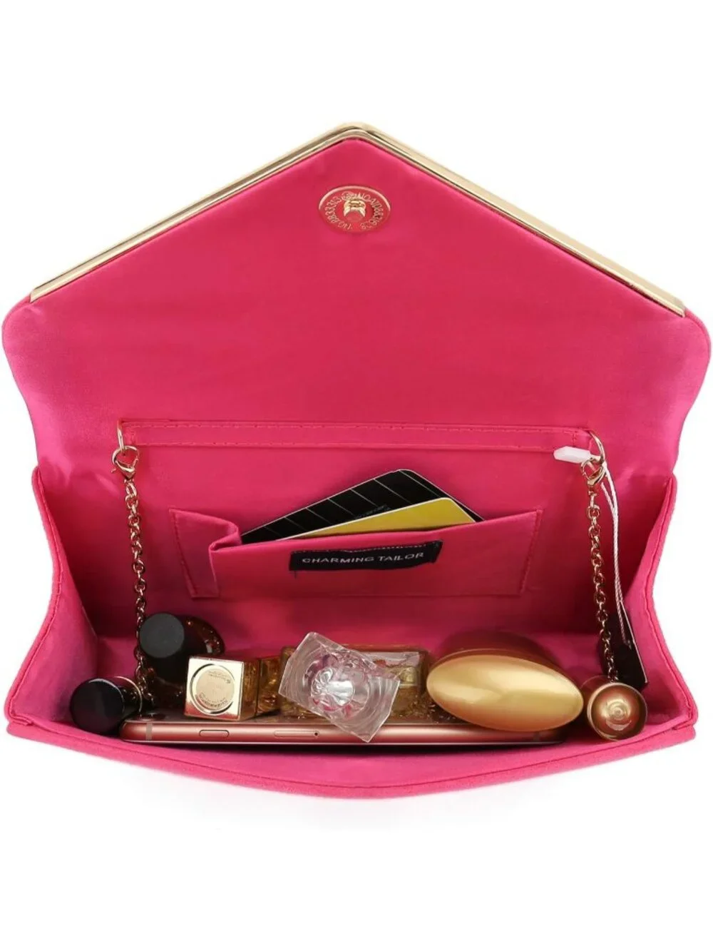 👜 Women's Fuchsia Faux Suede Clutch Bag Elegant Metal Binding Evening Purse